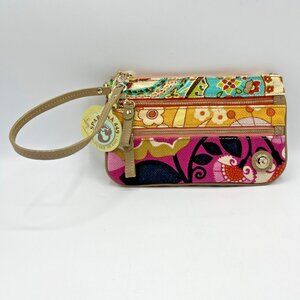 Spartina 445 Large Wristlet 3 Zip Floral Linen Leather NWT